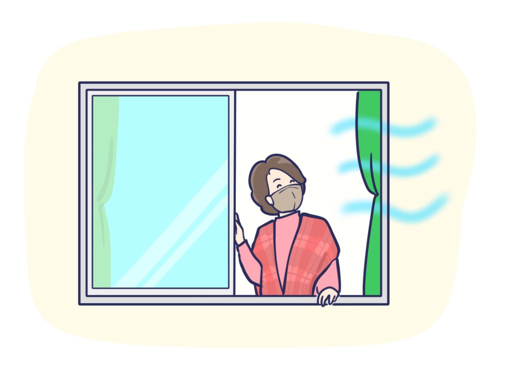 冬に窓を開けて換気をする女性のイラスト