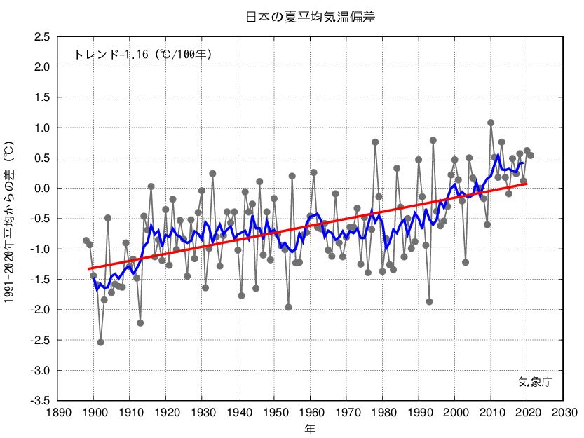 日本の夏（6～8月）年平均気温偏差の経年変化
